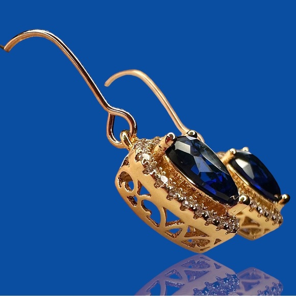 NEW Rose Gold Tone Simulated Sapphire & White Diamond Heart Dangle Earrings - Picture 4 of 8